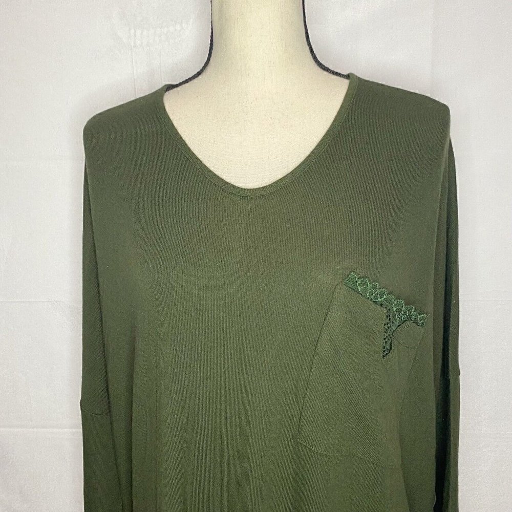 SUZANNE BETRO Olive Green Lace Pocket Women's Knit Top Shirt Sz 3X - Picture 2 of 7